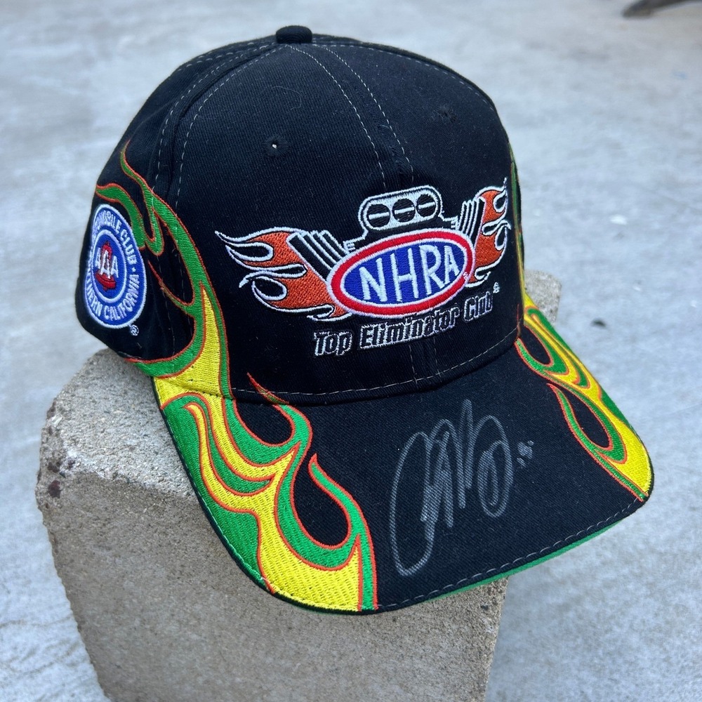 NHRA Y2k Racing Hat Top Eliminator Club Flame Brim Black Green Signed Nascar